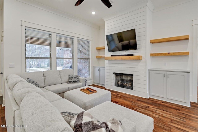 living room featuring ceiling fan, crown molding, a fireplace, and wood-type flooring