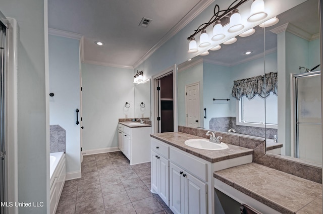 135 Mason Way, Madison, MS 39110 - full bath featuring ornamental molding, a stall shower, two vanities, a bath, and tile patterned floors