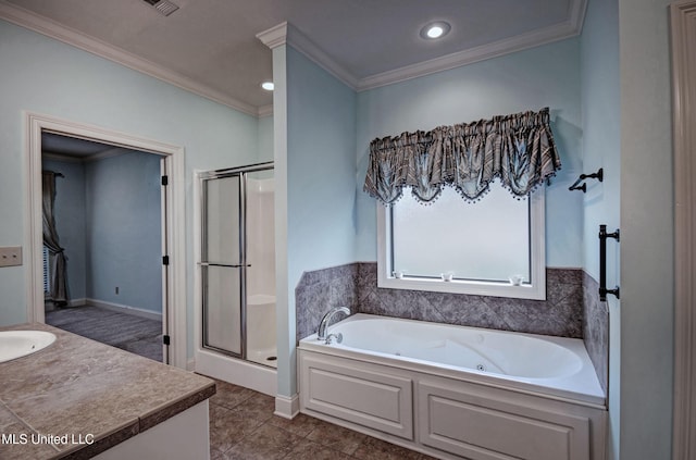135 Mason Way, Madison, MS 39110 - full bath featuring ornamental molding, a shower stall, a tub with jets, vanity, and tile patterned flooring