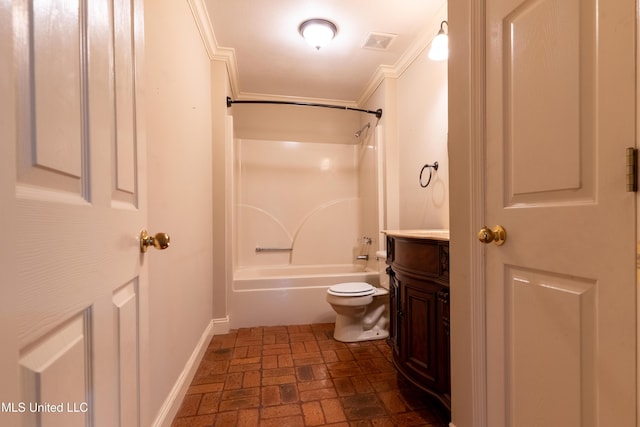 full bathroom with crown molding, brick flooring, toilet, bathing tub / shower combination, and vanity