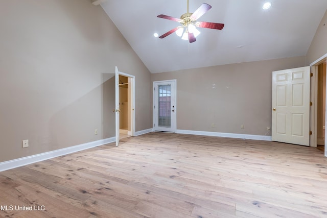 unfurnished living room with a ceiling fan, baseboards, light wood-style flooring, high vaulted ceiling, and recessed lighting
