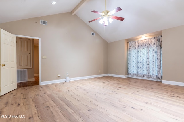 spare room with ceiling fan, light wood-type flooring, beamed ceiling, baseboards, and high vaulted ceiling