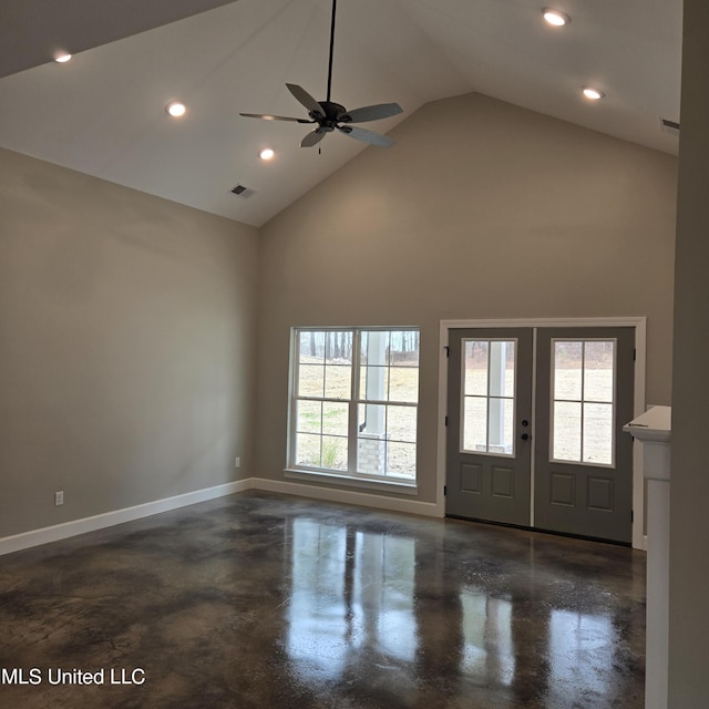 interior space featuring high vaulted ceiling and french doors