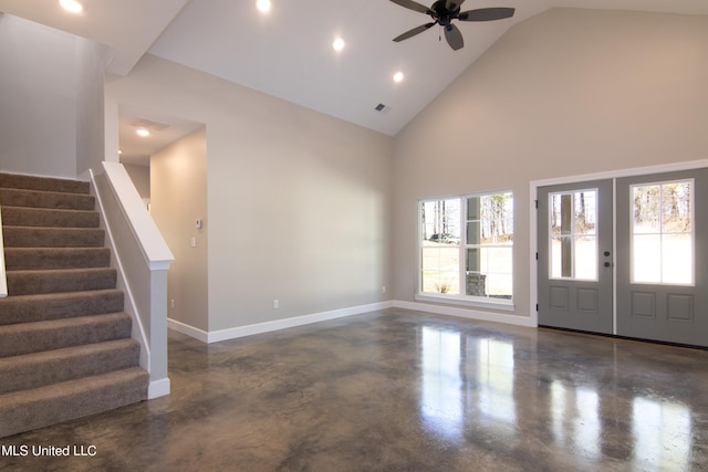 entrance foyer featuring french doors, high vaulted ceiling, and ceiling fan