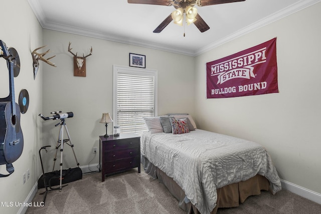 carpeted bedroom featuring crown molding and ceiling fan