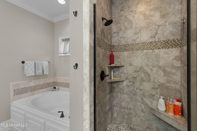 bathroom with ornamental molding and independent shower and bath