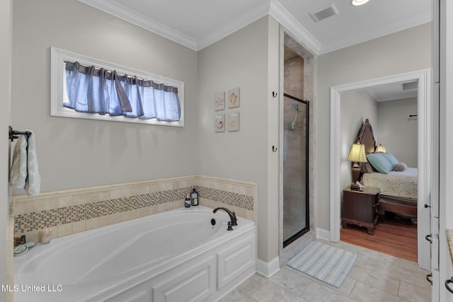 bathroom featuring crown molding, plus walk in shower, and tile patterned flooring