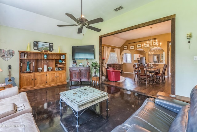 3831 Lake Village Cv, Olive Branch, MS 38654 - living room with lofted ceiling, a chandelier, a ceiling fan, and wood finished floors