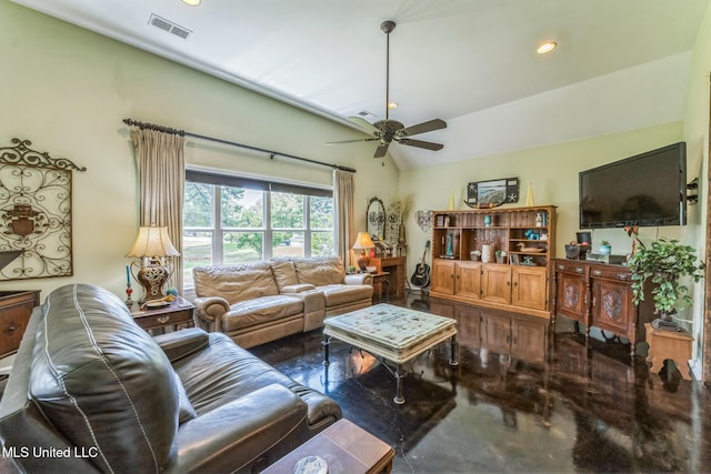 3831 Lake Village Cv, Olive Branch, MS 38654 - living room with a ceiling fan, lofted ceiling, and recessed lighting
