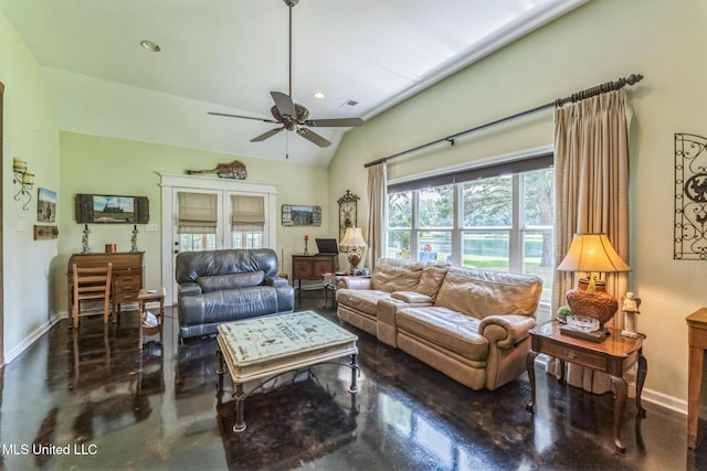 3831 Lake Village Cv, Olive Branch, MS 38654 - living area with concrete floors, ceiling fan, vaulted ceiling, and recessed lighting