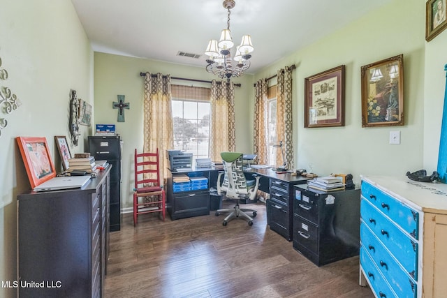 3831 Lake Village Cv, Olive Branch, MS 38654 - home office featuring a chandelier and dark wood-type flooring