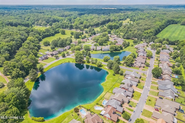 3831 Lake Village Cv, Olive Branch, MS 38654 - aerial view of residential area with a heavily wooded area and a nearby body of water