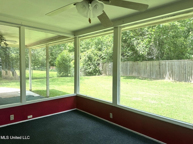 unfurnished sunroom featuring a ceiling fan, baseboards, and carpet floors