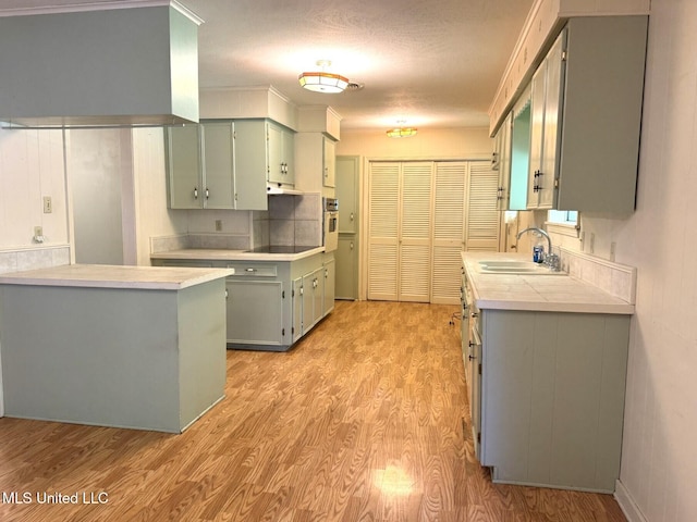 kitchen with gray cabinetry, light countertops, light wood-type flooring, and a sink