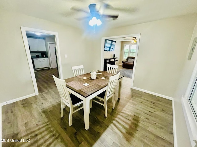 dining area with wood-type flooring and ceiling fan