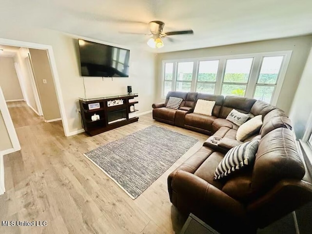 living room featuring light hardwood / wood-style floors and ceiling fan