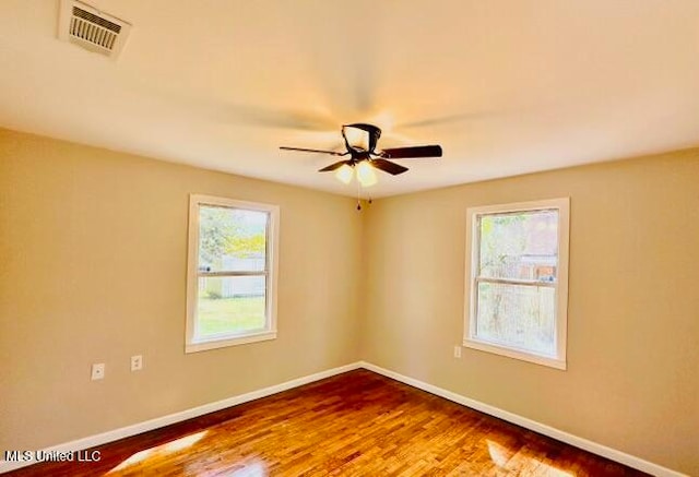 spare room featuring a wealth of natural light, wood-type flooring, and ceiling fan