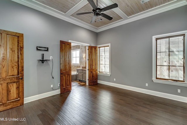 101 Commons Pl, Ridgeland, MS 39157 - unfurnished bedroom with beam ceiling, ornamental molding, dark wood-style flooring, wood ceiling, and baseboards