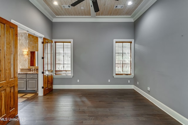 101 Commons Pl, Ridgeland, MS 39157 - empty room with wooden ceiling, baseboards, ornamental molding, ceiling fan, and dark wood-type flooring