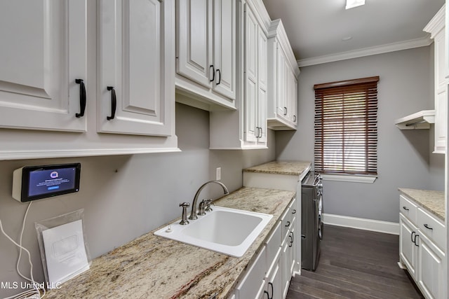 101 Commons Pl, Ridgeland, MS 39157 - kitchen featuring a sink, crown molding, white cabinetry, dark wood-style flooring, and baseboards
