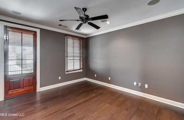 101 Commons Pl, Ridgeland, MS 39157 - empty room featuring wood finished floors, a ceiling fan, crown molding, visible vents, and baseboards
