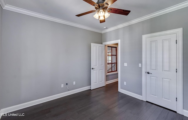 101 Commons Pl, Ridgeland, MS 39157 - unfurnished bedroom with baseboards, dark wood-style flooring, ceiling fan, and crown molding