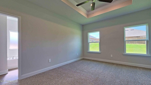 empty room with crown molding, carpet, a raised ceiling, and baseboards