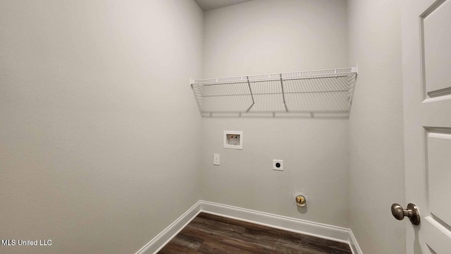 laundry area with laundry area, baseboards, dark wood-style floors, hookup for an electric dryer, and washer hookup