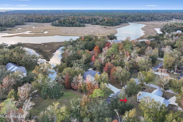 drone / aerial view featuring a water view