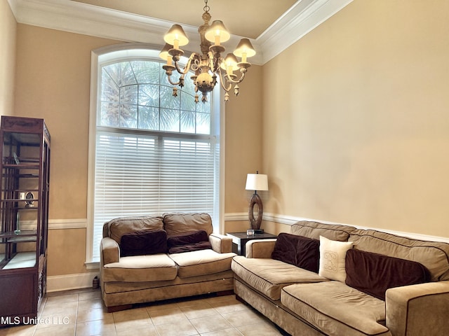 living area with an inviting chandelier, crown molding, and light tile patterned flooring