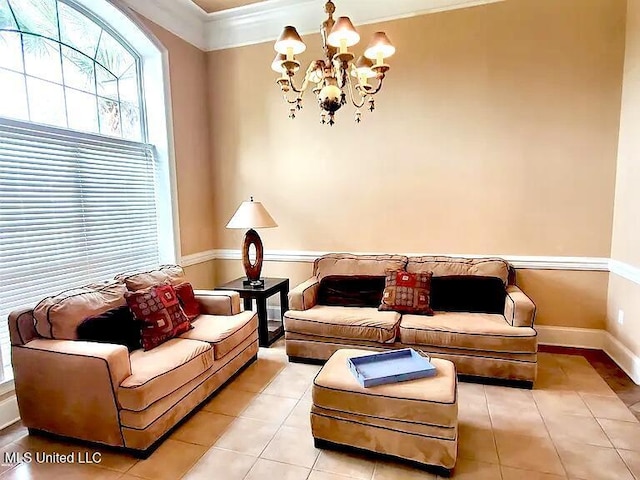 living room featuring light tile patterned flooring, baseboards, crown molding, and an inviting chandelier