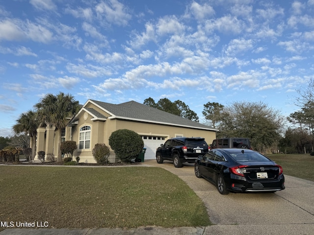 ranch-style home with stucco siding, driveway, a front lawn, an attached garage, and a shingled roof