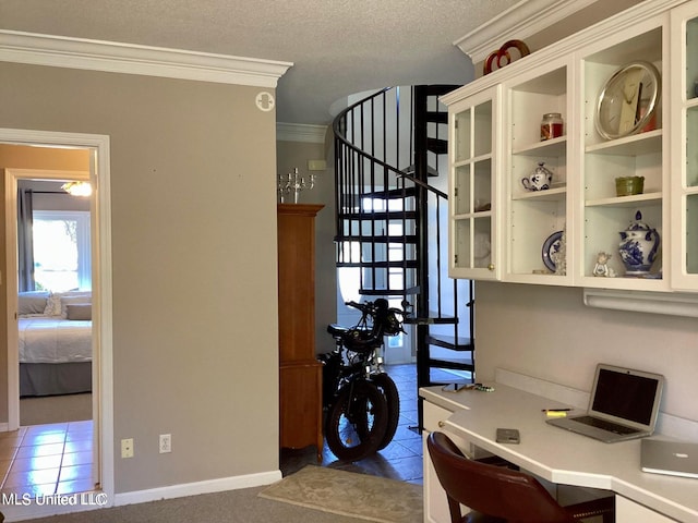 8102 Fairway Villa Dr, Gautier, MS 39553 - office space featuring ornamental molding, tile patterned floors, and a textured ceiling
