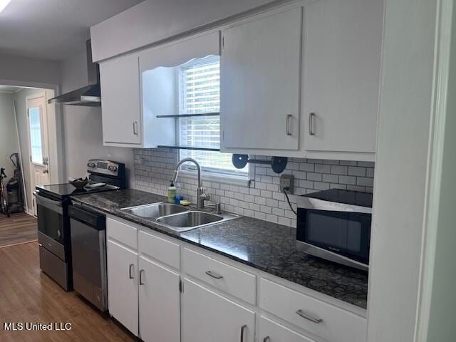 kitchen featuring dark countertops, dark wood-style floors, wall chimney exhaust hood, a sink, and stainless steel appliances