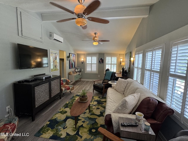 living area featuring beam ceiling, a wall mounted air conditioner, a ceiling fan, and wood finished floors