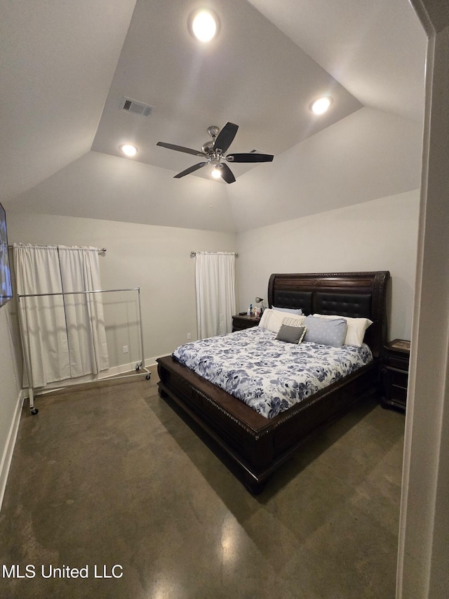 bedroom with vaulted ceiling and ceiling fan