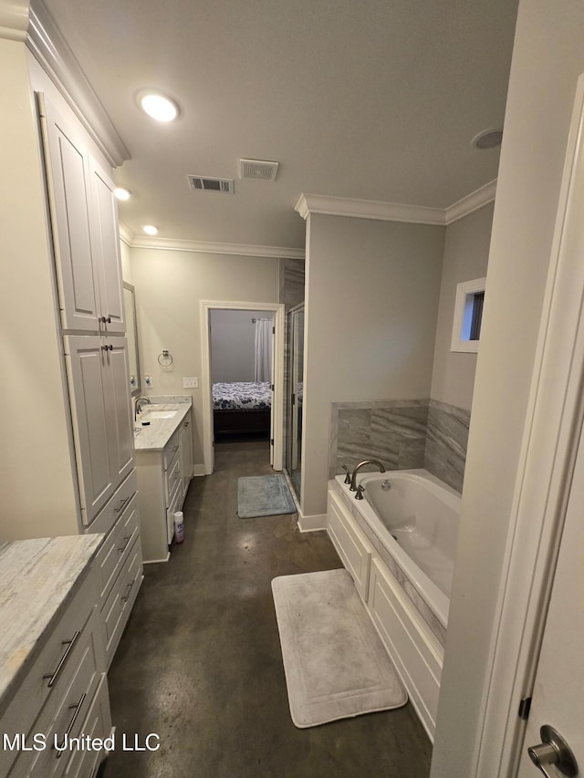 bathroom with vanity, plus walk in shower, ornamental molding, and concrete floors