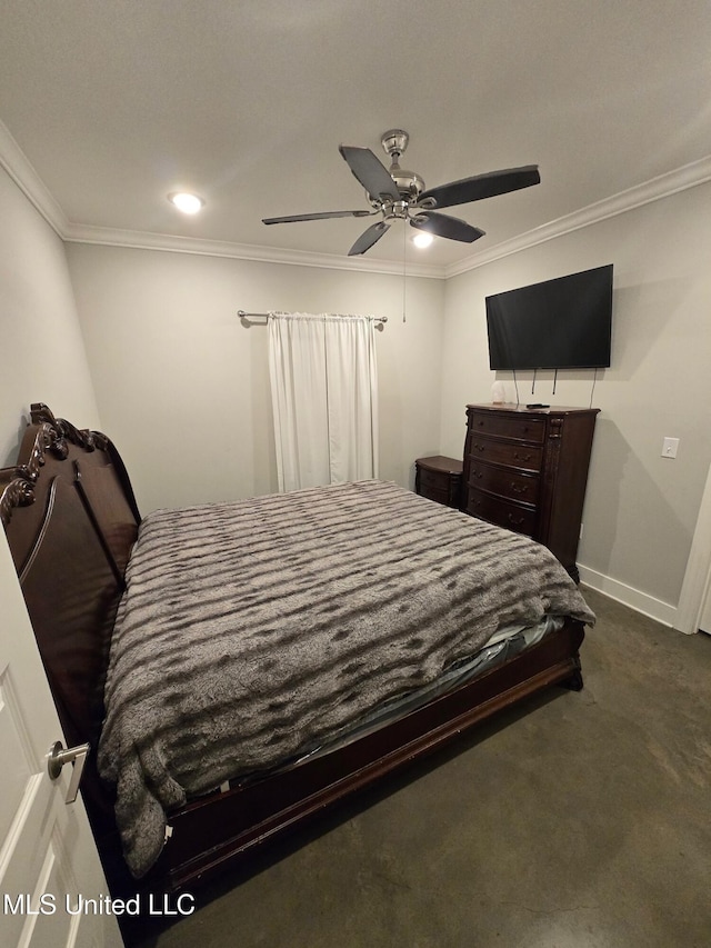 carpeted bedroom featuring ceiling fan and ornamental molding