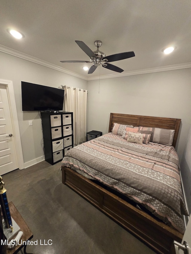 bedroom with ceiling fan and ornamental molding