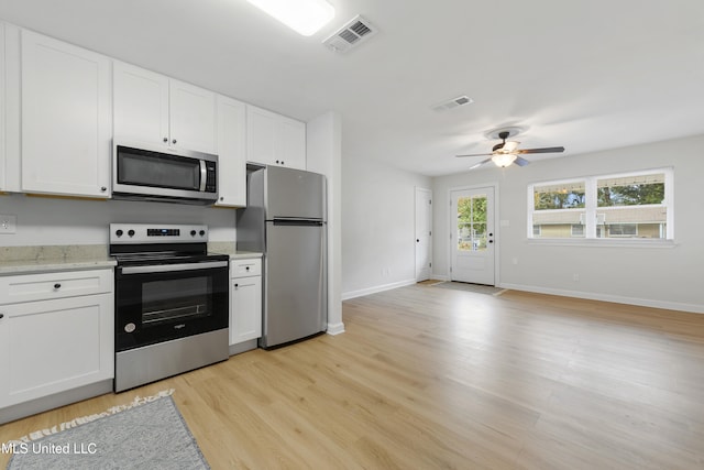 kitchen featuring ceiling fan, white cabinetry, light wood-type flooring, and appliances with stainless steel finishes