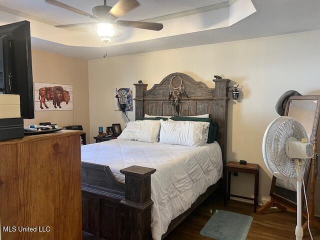 bedroom with a tray ceiling, ceiling fan, and dark hardwood / wood-style floors