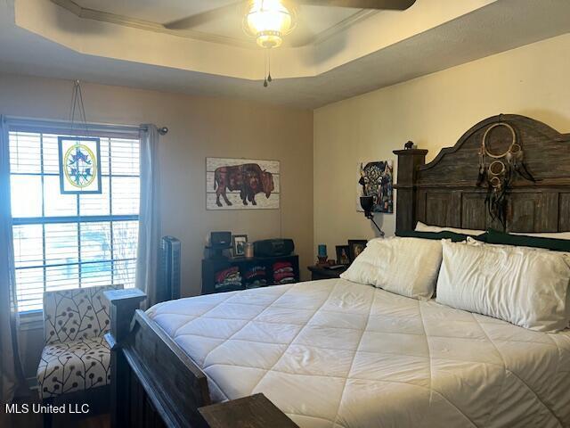 bedroom with ceiling fan and a raised ceiling