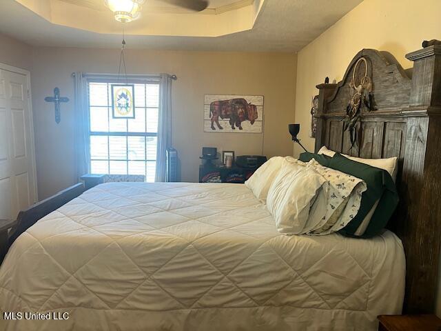 bedroom with ceiling fan and a raised ceiling