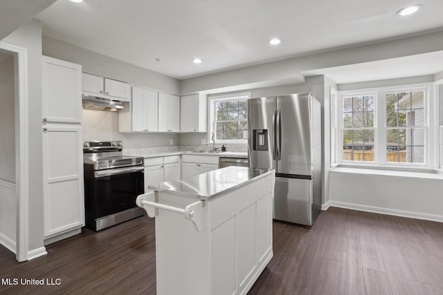 kitchen with under cabinet range hood, dark wood-style floors, white cabinets, and stainless steel appliances