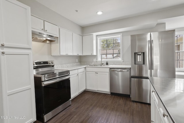 kitchen featuring a sink, stainless steel appliances, dark wood-type flooring, under cabinet range hood, and white cabinetry