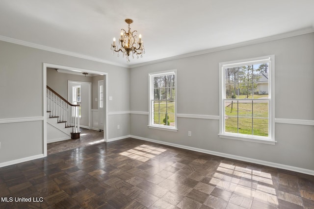 unfurnished room featuring a notable chandelier, stairway, baseboards, and ornamental molding