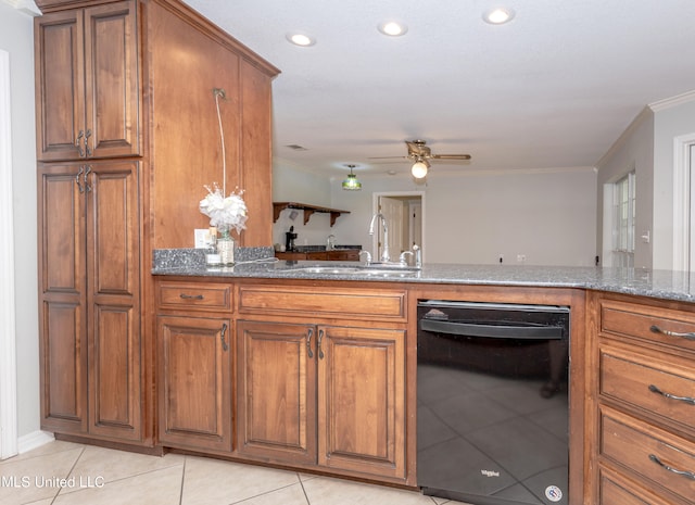 kitchen featuring dishwasher, ornamental molding, sink, light tile patterned floors, and ceiling fan