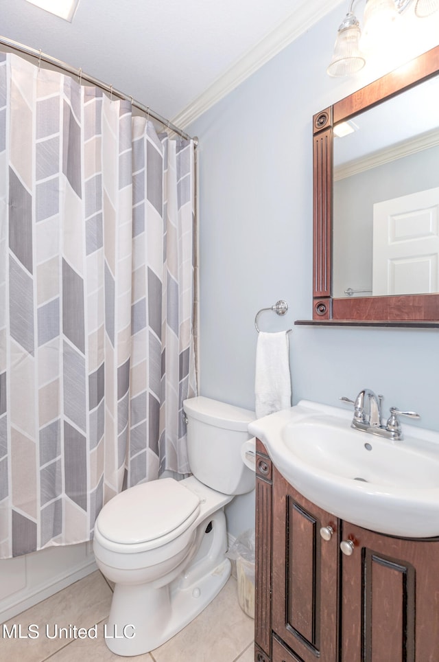 bathroom with a shower with shower curtain, toilet, vanity, ornamental molding, and tile patterned flooring