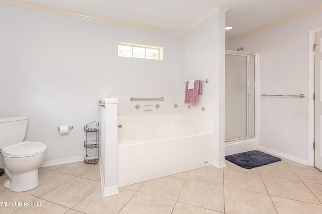 bathroom with toilet, independent shower and bath, ornamental molding, and tile patterned flooring