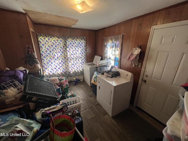 clothes washing area featuring washing machine and clothes dryer, laundry area, wood walls, and dark wood-style flooring